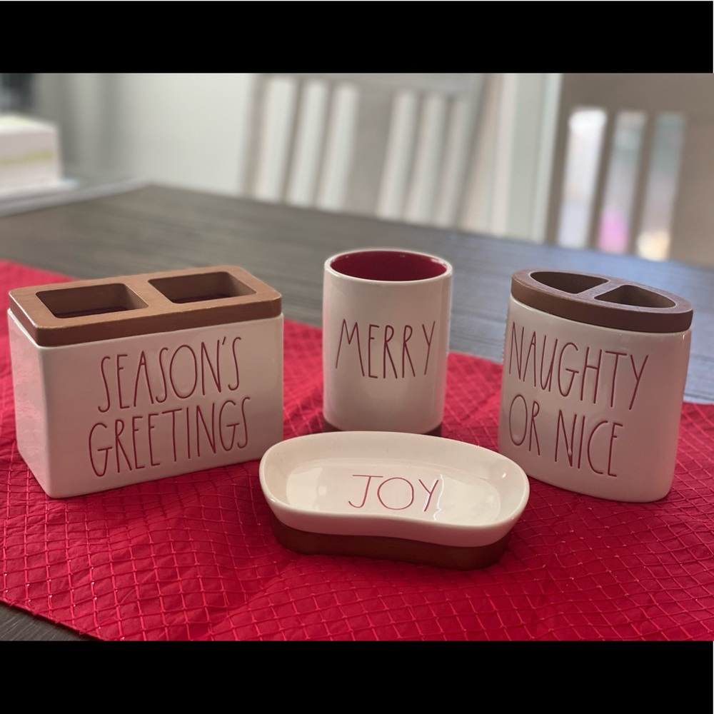 Rae Dunn Set Merry, Seasons Greetings, Naughty or Nice and Joy